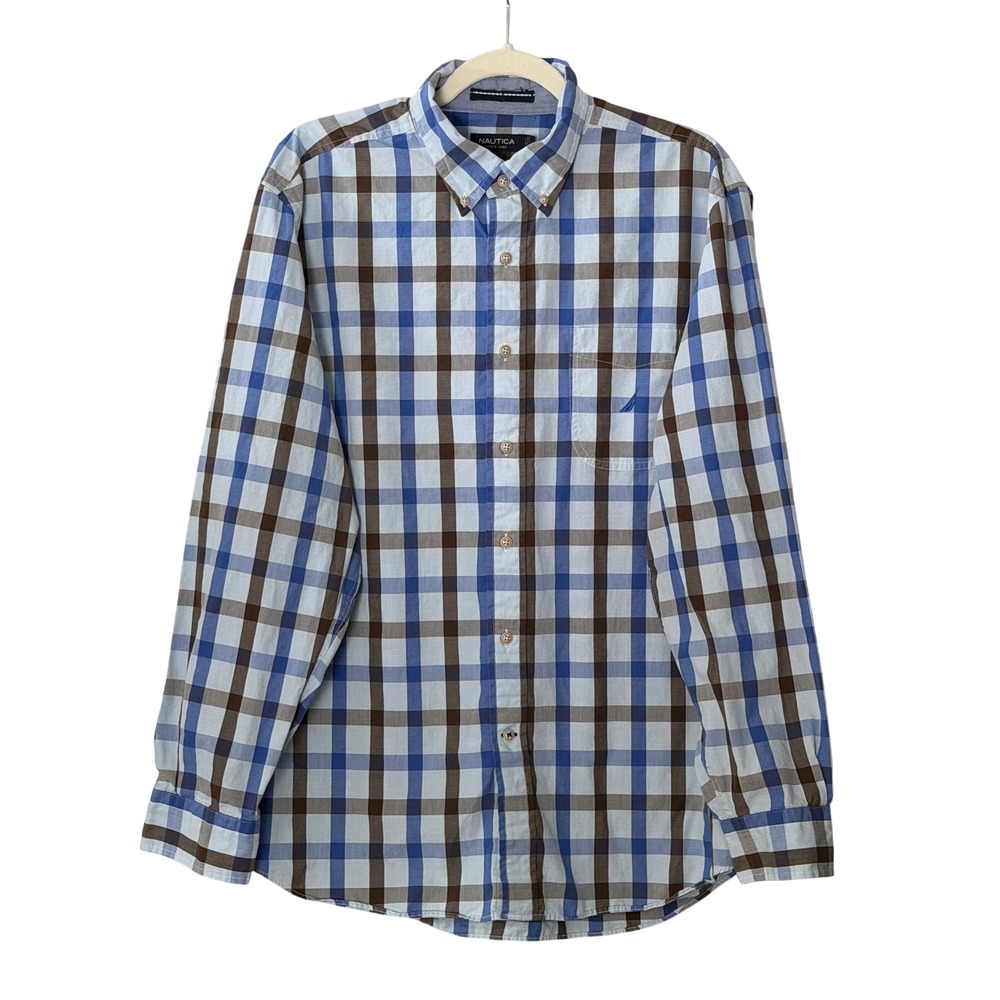 Nautica Men's XL Blue White Brown Checkered Button Up Dress Shirt | SKU 1149